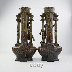 Antique Pair Of French Spelter Bronzed Figural Vases, Signed