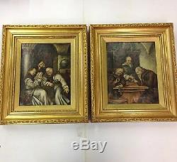 Antique Pair Of Humorous Oils On Canvas Of Monks Both Signed Interior Scenes