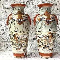 Antique Pair Of Japanese Kutani Vases, Signed To Bases