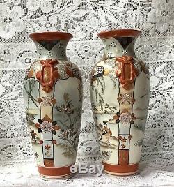 Antique Pair Of Japanese Kutani Vases, Signed To Bases