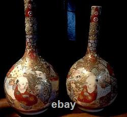 Antique Pair Of Japanese Satsuma Bottle Form Vases Signed Meji Period