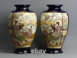 Antique Pair Of Japanese Satsuma Meiji Period Pottery Signed Vases C. 1910