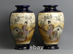 Antique Pair Of Japanese Satsuma Meiji Period Pottery Signed Vases C. 1910