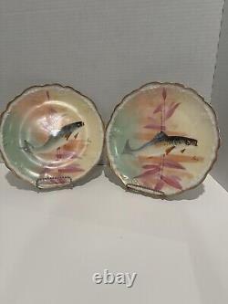 Antique Pair Of Limoges Coronet Hand Painted Signed 9 Fish Plates