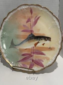 Antique Pair Of Limoges Coronet Hand Painted Signed 9 Fish Plates