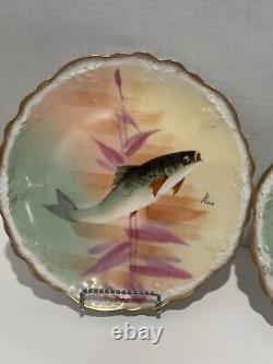 Antique Pair Of Limoges Coronet Hand Painted Signed 9 Fish Plates