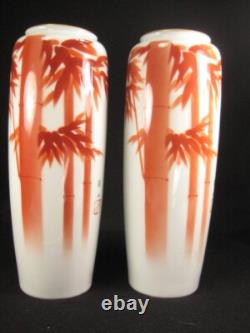 Antique Pair Of Matching Japanese Fukagawa Signed Imari Ceramic Vases