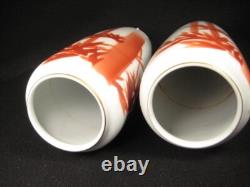 Antique Pair Of Matching Japanese Fukagawa Signed Imari Ceramic Vases