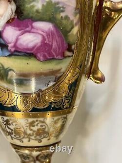 Antique Pair Of Porcelain Royal Vienna Heavily Gild Austrian Urns, Vases, Signed