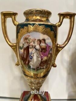 Antique Pair Of Porcelain Royal Vienna Heavily Gild Austrian Urns, Vases, Signed