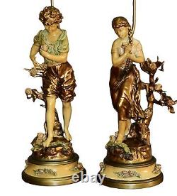 Antique Pair Of Signed & Stamped Tuscan Painted Figural Metal Lamps