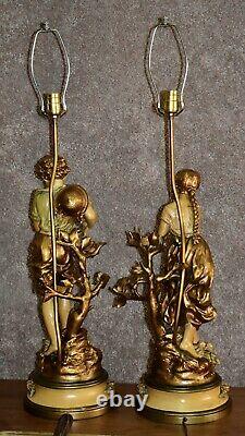 Antique Pair Of Signed & Stamped Tuscan Painted Figural Metal Lamps