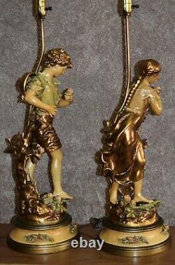 Antique Pair Of Signed & Stamped Tuscan Painted Figural Metal Lamps