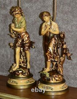 Antique Pair Of Signed & Stamped Tuscan Painted Figural Metal Lamps