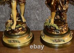 Antique Pair Of Signed & Stamped Tuscan Painted Figural Metal Lamps