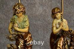 Antique Pair Of Signed & Stamped Tuscan Painted Figural Metal Lamps