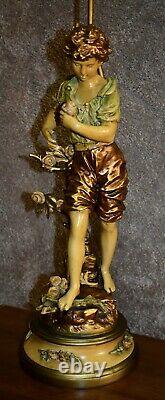 Antique Pair Of Signed & Stamped Tuscan Painted Figural Metal Lamps