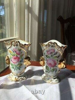 Antique Pair Old Paris Signed P&A Porcelain Hand Painted & Gold Gilt Vases