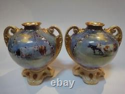 Antique Pair Royal Doulton Hand Painted cattle vases signed A. Eaton