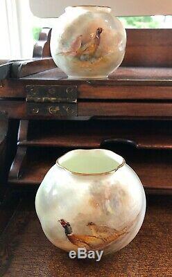 Antique Pair Royal Worcester Hand Painted Pheasant Bird Posy Vase Signed STINTON