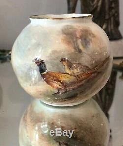 Antique Pair Royal Worcester Hand Painted Pheasant Bird Posy Vase Signed STINTON