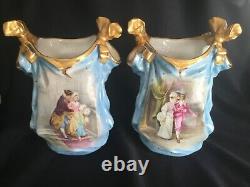 Antique Pair Signed A. Collot Sevres Porcelain Vases Heavy Gold Romantic Painted