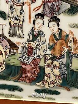 Antique Pair Signed Chinese Famille Hand Painted Porcelain Plaques Panel Art
