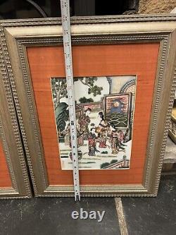 Antique Pair Signed Chinese Famille Hand Painted Porcelain Plaques Panel Art