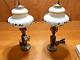 Antique Pair Signed Pairpoint Boudoir Lamps White Satin Shades #4342