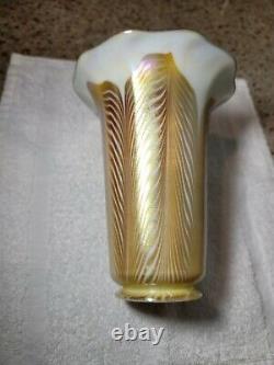 Antique Pair Signed QUEZAL Pulled Feather Aurene Art Nouveau Glass Lamp Shades