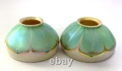Antique Pair Signed Quezal Green Pulled Feather Glass Lamp Shades