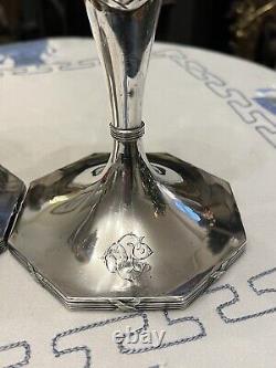 Antique Pair Silver Plated Signed Draped Bow Candlesticks Monogrammed Corning