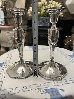 Antique Pair Silver Plated Signed Draped Bow Candlesticks Monogrammed Corning