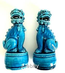 Antique Pair Turquoise Fine Porcelain Foo Dog Lion Statues, Impressed Mark CHINA