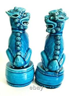 Antique Pair Turquoise Fine Porcelain Foo Dog Lion Statues, Impressed Mark CHINA