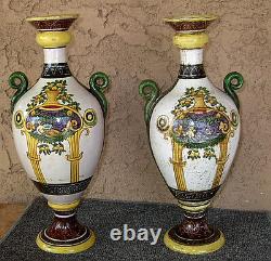 Antique Pair Vases Italy Aretini Signed Antique Enameled HP Mermaids