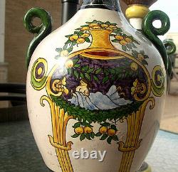 Antique Pair Vases Italy Aretini Signed Antique Enameled HP Mermaids