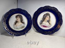 Antique Pair Victorian Cobalt Portrait Plates Marked France Signed Amicitia