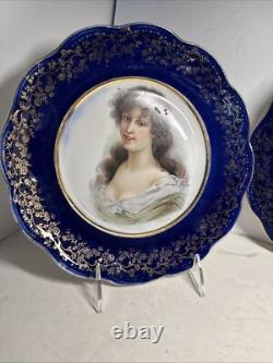 Antique Pair Victorian Cobalt Portrait Plates Marked France Signed Amicitia
