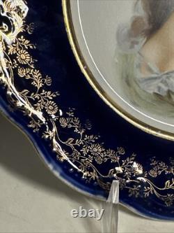 Antique Pair Victorian Cobalt Portrait Plates Marked France Signed Amicitia