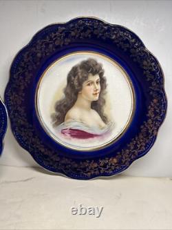 Antique Pair Victorian Cobalt Portrait Plates Marked France Signed Amicitia