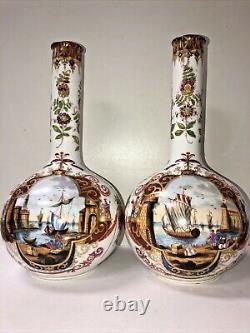 Antique Pair of 19th Century Hand Painted German Bottle Vases 12 Each, Signed