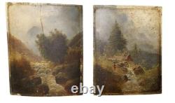 Antique Pair of Barbizon School Landscapes Oil Panel Paintings Signed F. Robin