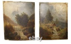 Antique Pair of Barbizon School Landscapes Oil Panel Paintings Signed F. Robin