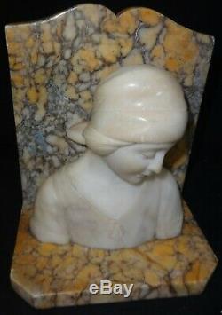 Antique Pair of Carved Stone Alabaster Bookends Profile of a Young Lady Signed