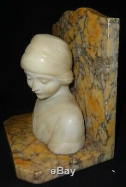 Antique Pair of Carved Stone Alabaster Bookends Profile of a Young Lady Signed