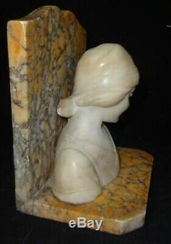 Antique Pair of Carved Stone Alabaster Bookends Profile of a Young Lady Signed