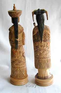 Antique Pair of Carved Wood Chinese Emperor & Empress Carvings/Statues Signed