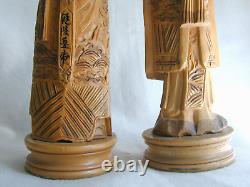 Antique Pair of Carved Wood Chinese Emperor & Empress Carvings/Statues Signed