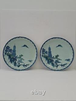 Antique Pair of Chinese Hand Painted Blue & White Chargers Plates Dish